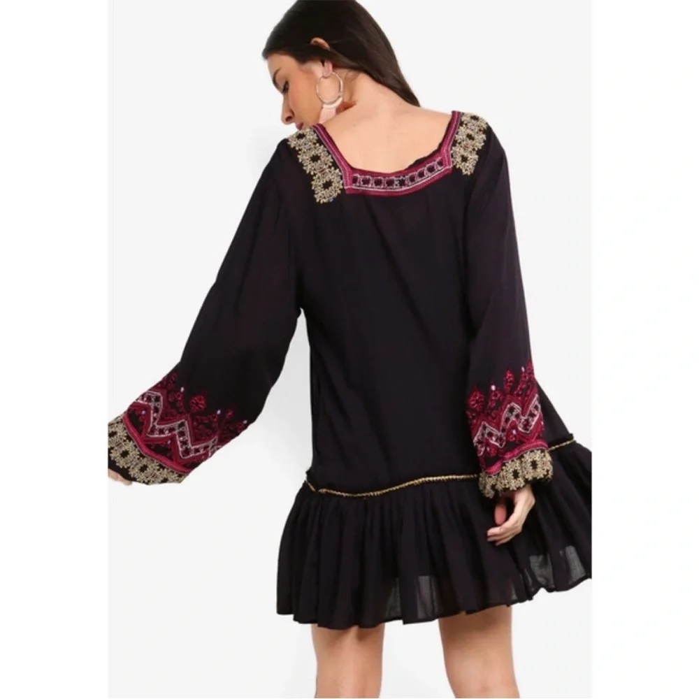 Free People Wild One Embroidered Mini Dress Long Sleeve V-Neck Black Sz XS Boho